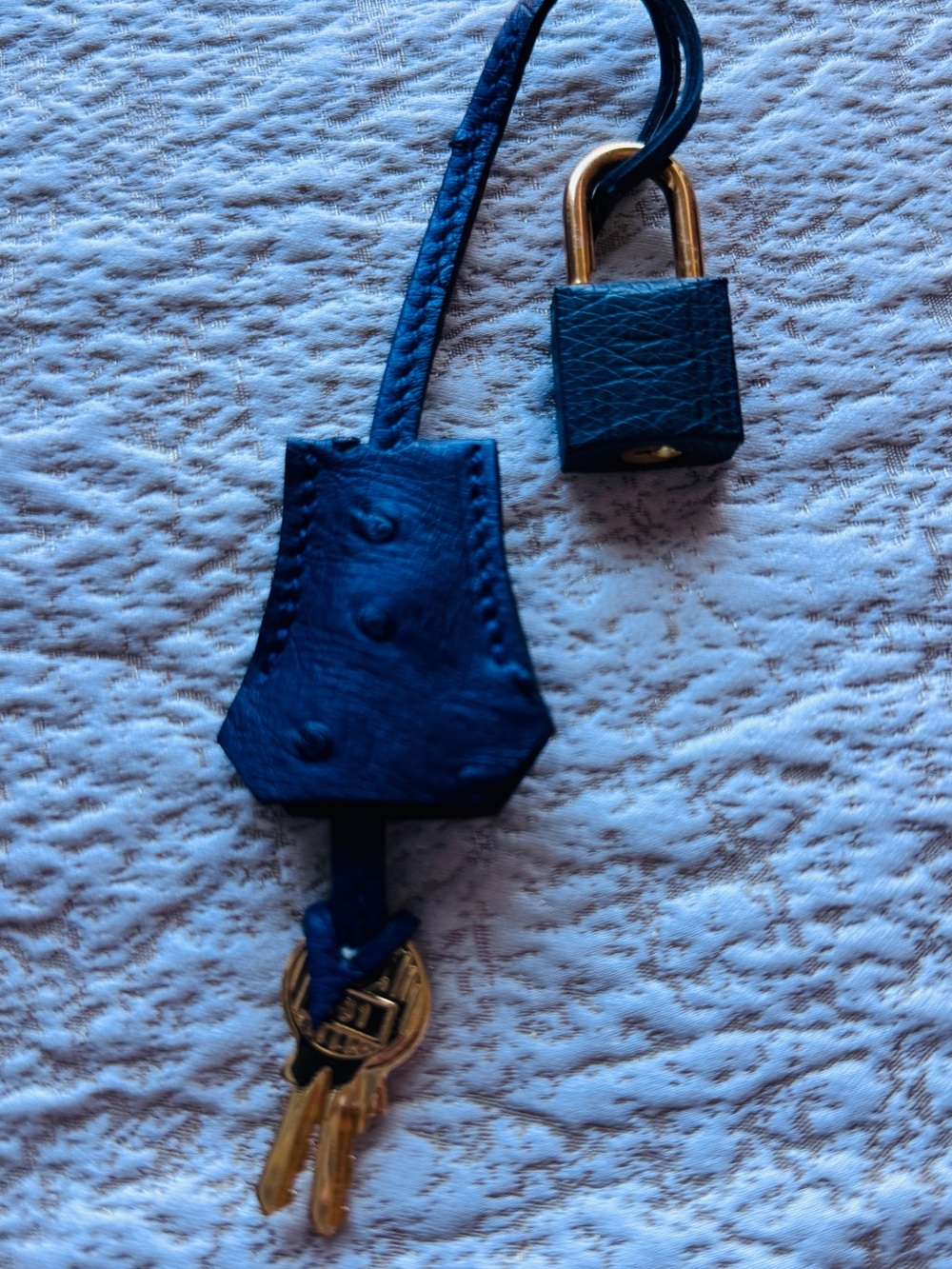 Hermes B 25 Ostrich Navy Leather Key Holder with Gold Padlock no scratches